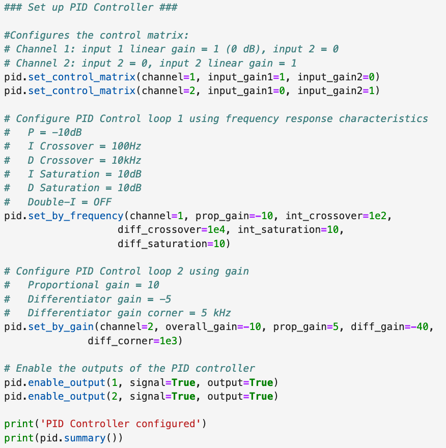 An example of Python code for the PID Controller, showing the multiple ways of configuring the transfer function